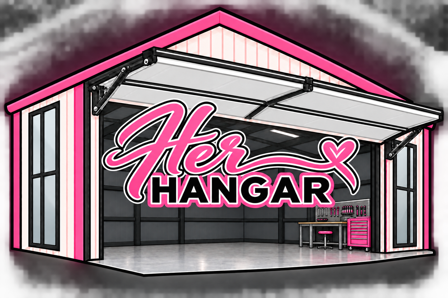 HerHangar's pink-trimmed hangar, with a workbench and pink toolbox